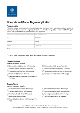 Licentiate and Doctor Degree Application Personal Details Fill out the Address and Contact Information Thoroughly