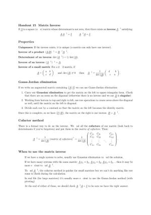 Handout 15 Matrix Inverse Properties Gauss-Jordan Elimination Cofactor