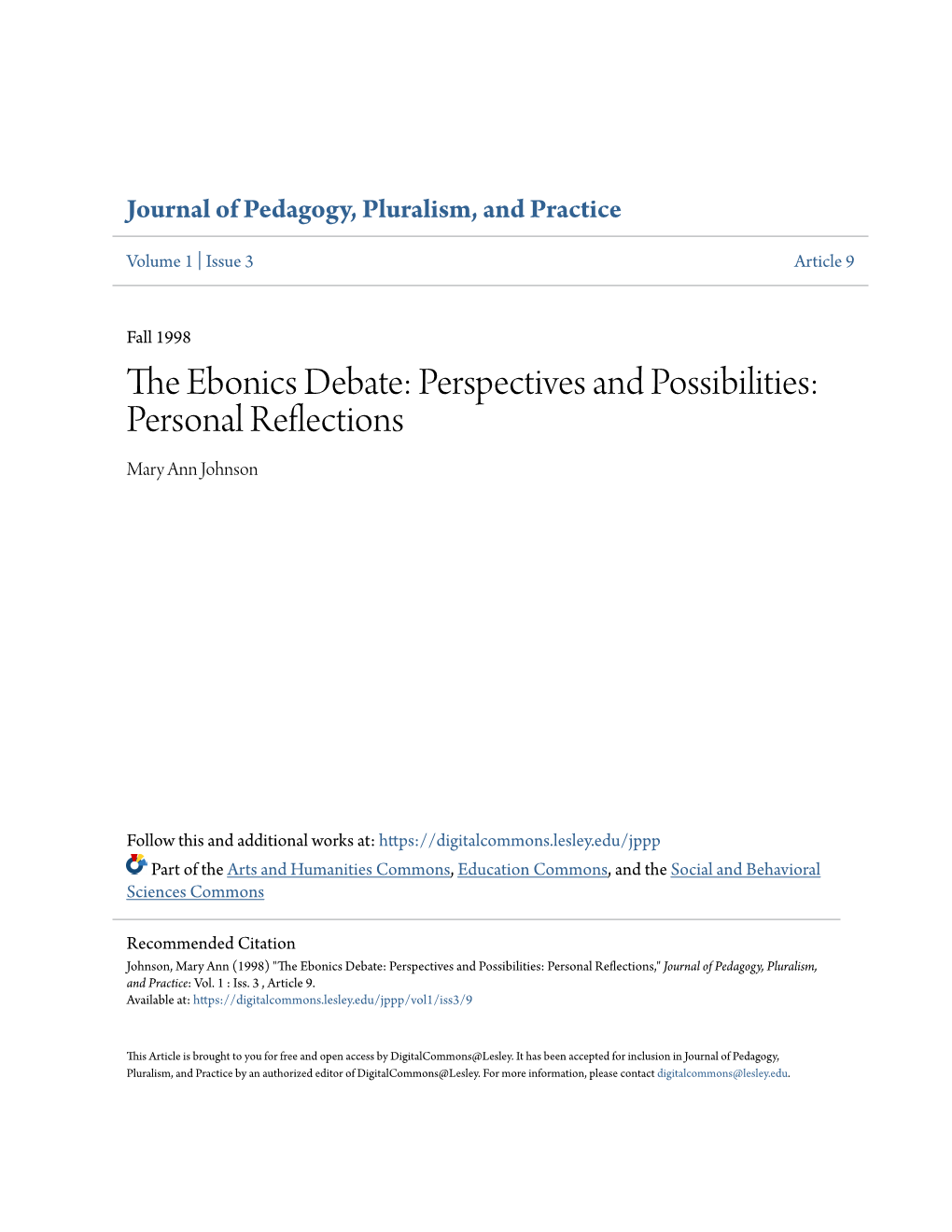 The Ebonics Debate: Perspectives and Possibilities: Personal Reflections 46