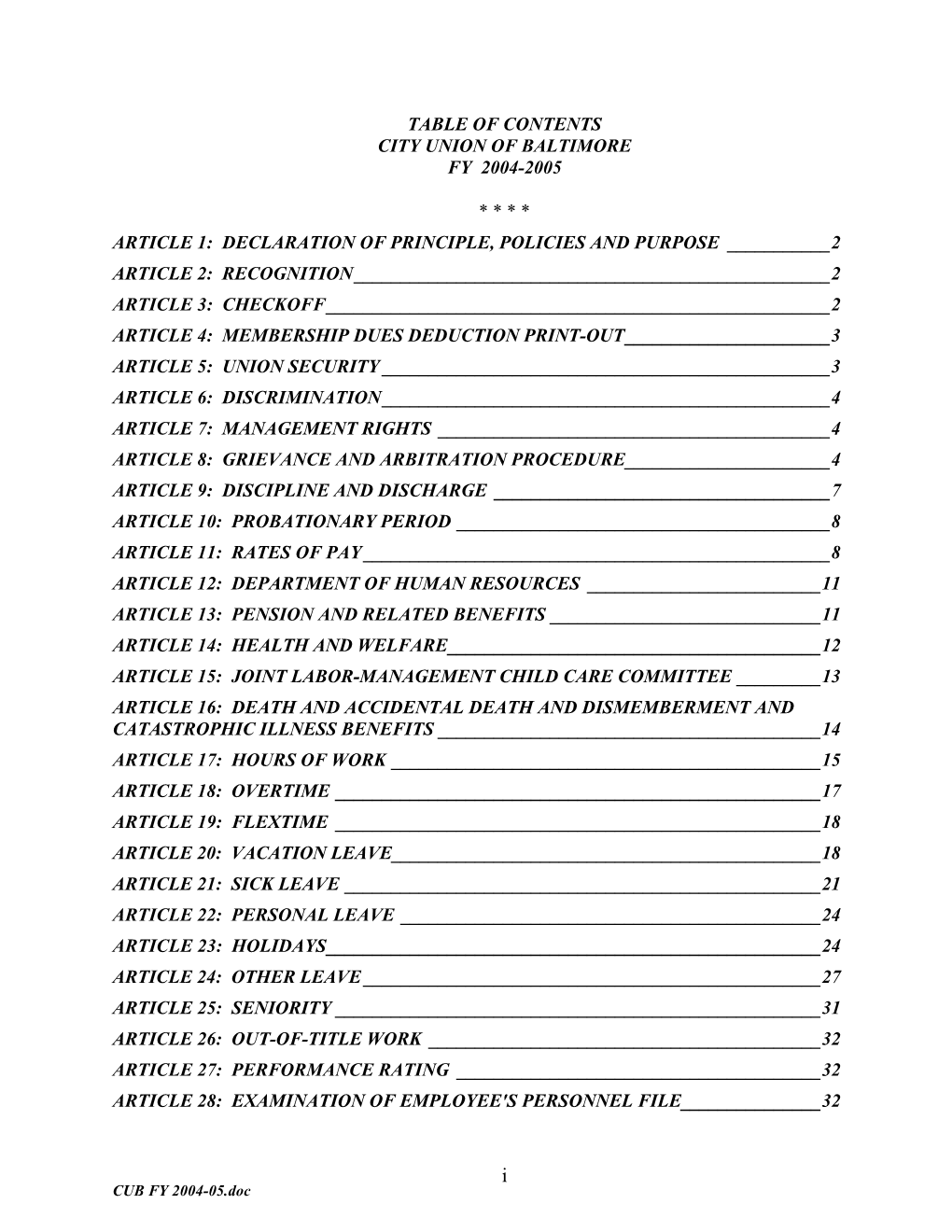 Table of Contents City Union of Baltimore Fy 2004-2005