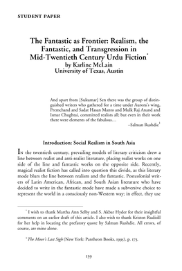 Realism, the Fantastic, and Transgression in Mid-Twentieth Century Urdu Fiction* by Karline Mclain University of Texas, Austin