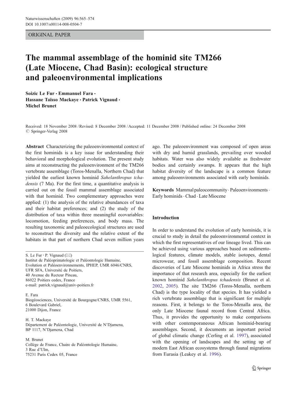 The Mammal Assemblage of the Hominid Site TM266 (Late Miocene, Chad Basin): Ecological Structure and Paleoenvironmental Implications