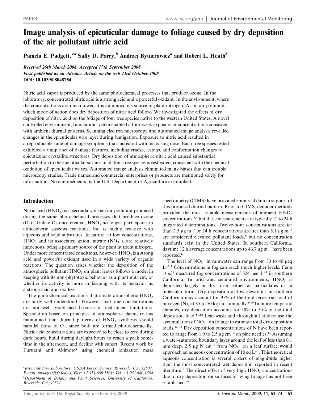 Image Analysis of Epicuticular Damage to Foliage Caused by Dry Deposition of the Air Pollutant Nitric Acid