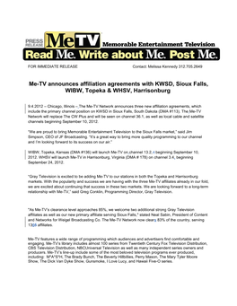 Me-TV Announces Affiliation Agreements with KWSD, Sioux Falls, WIBW, Topeka & WHSV, Harrisonburg