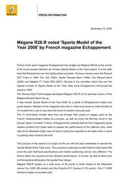 Mégane R26.R Voted 'Sports Model of the Year 2008' by French Magazine Echappement