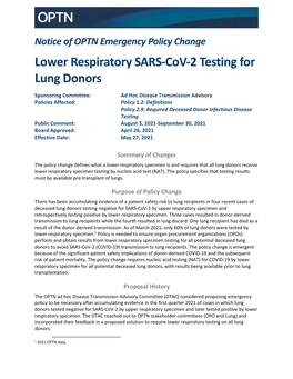 Lower Respiratory SARS-Cov-2 Testing for Lung Donors