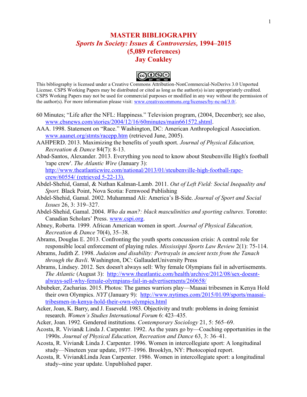 Master Bibliography for Sports in Society, 1994–2009