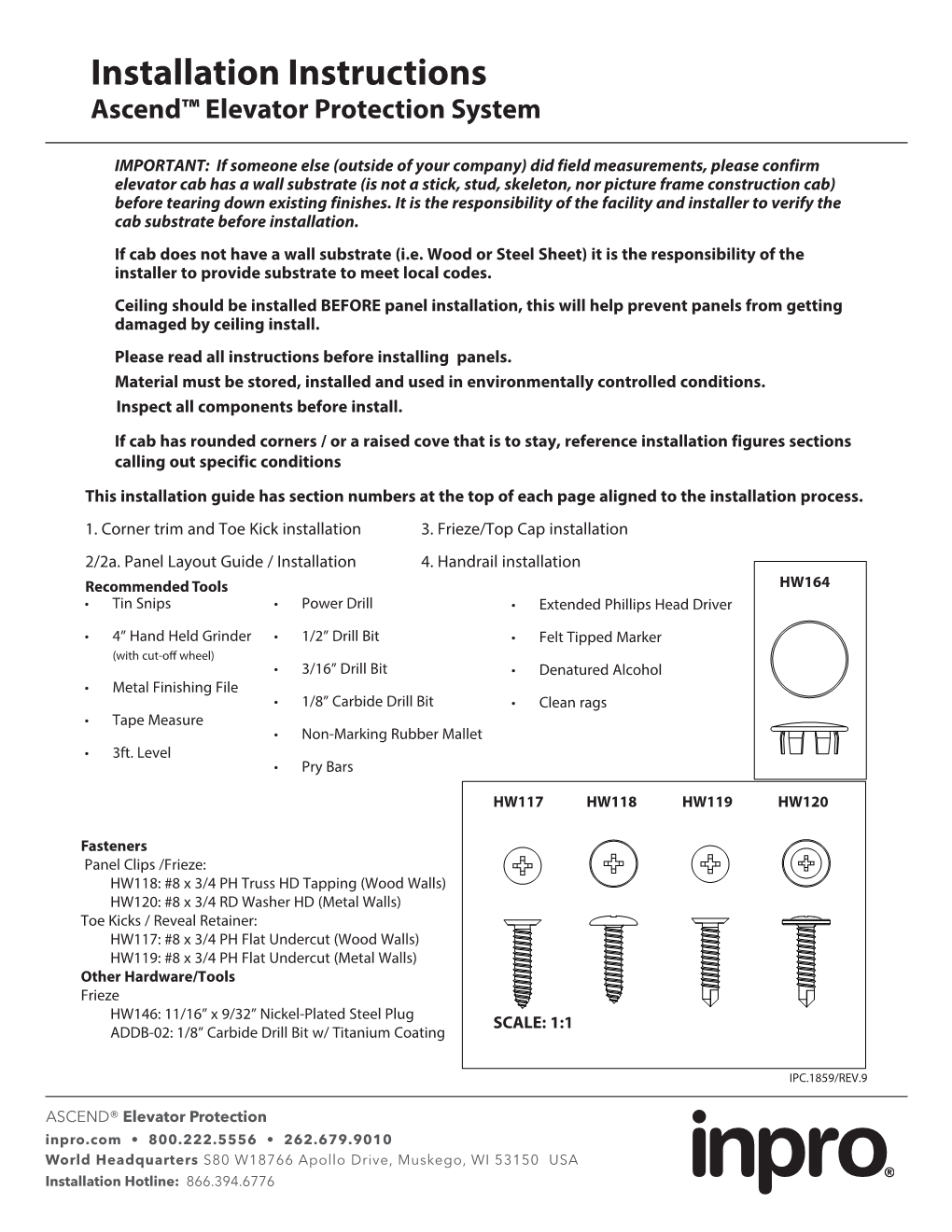 Installation Instructions Ascend™ Elevator Protection System