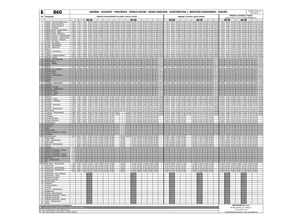 GDAŃSK - KOLBUDY - PRZYWIDZ - PIEKŁO DOLNE - NOWA KARCZMA - KOŚCIERZYNA (- WDZYDZE KISZEWSKIE - GOŁUŃ) Rozkład Ważny Od: 860 30.06.2013 R