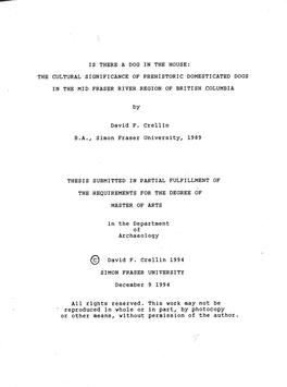 Is There a Dog in the House : the Cultural Significance of Prehistoric Domesticated Dogs in the Mid Fraser River Region of Briti
