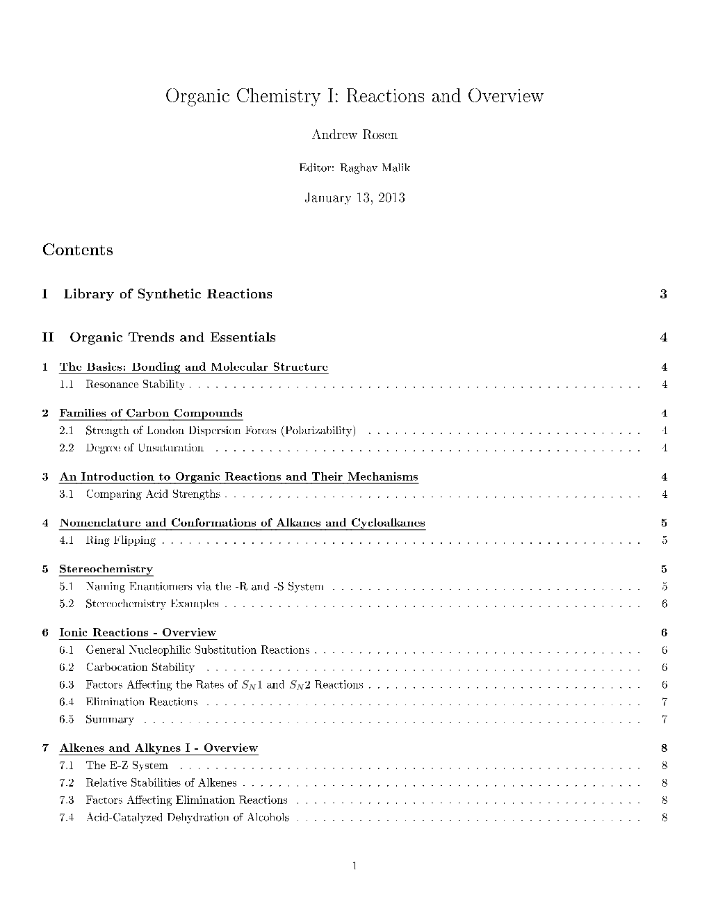 Organic Chemistry I: Reactions and Overview