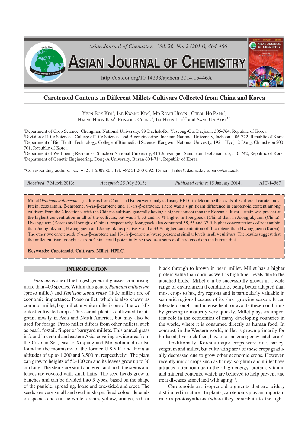 Carotenoid Contents in Different Millets Cultivars Collected from China and Korea