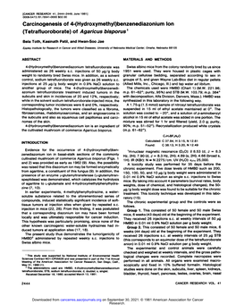 Carcinogenesis of 4-(Hydroxymethyl)Benzenediazonium Ion (Tetrafluoroborate) of Agaricus Bisporus1