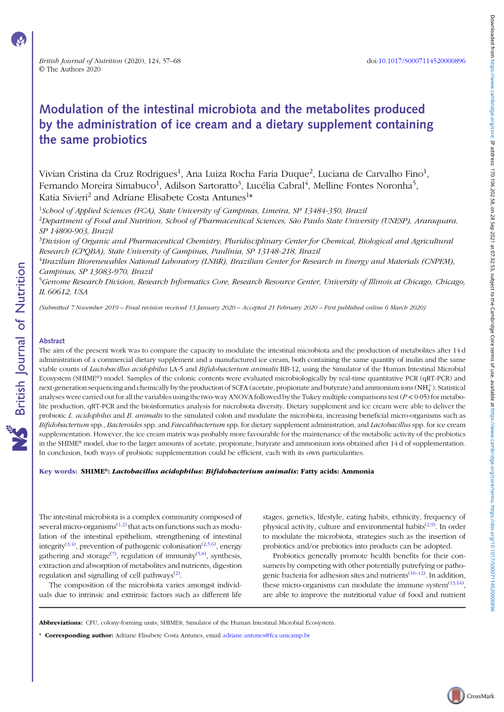 Modulation of the Intestinal Microbiota and the Metabolites Produced by the Administration of Ice Cream and a Dietary Supplement Containing the Same Probiotics