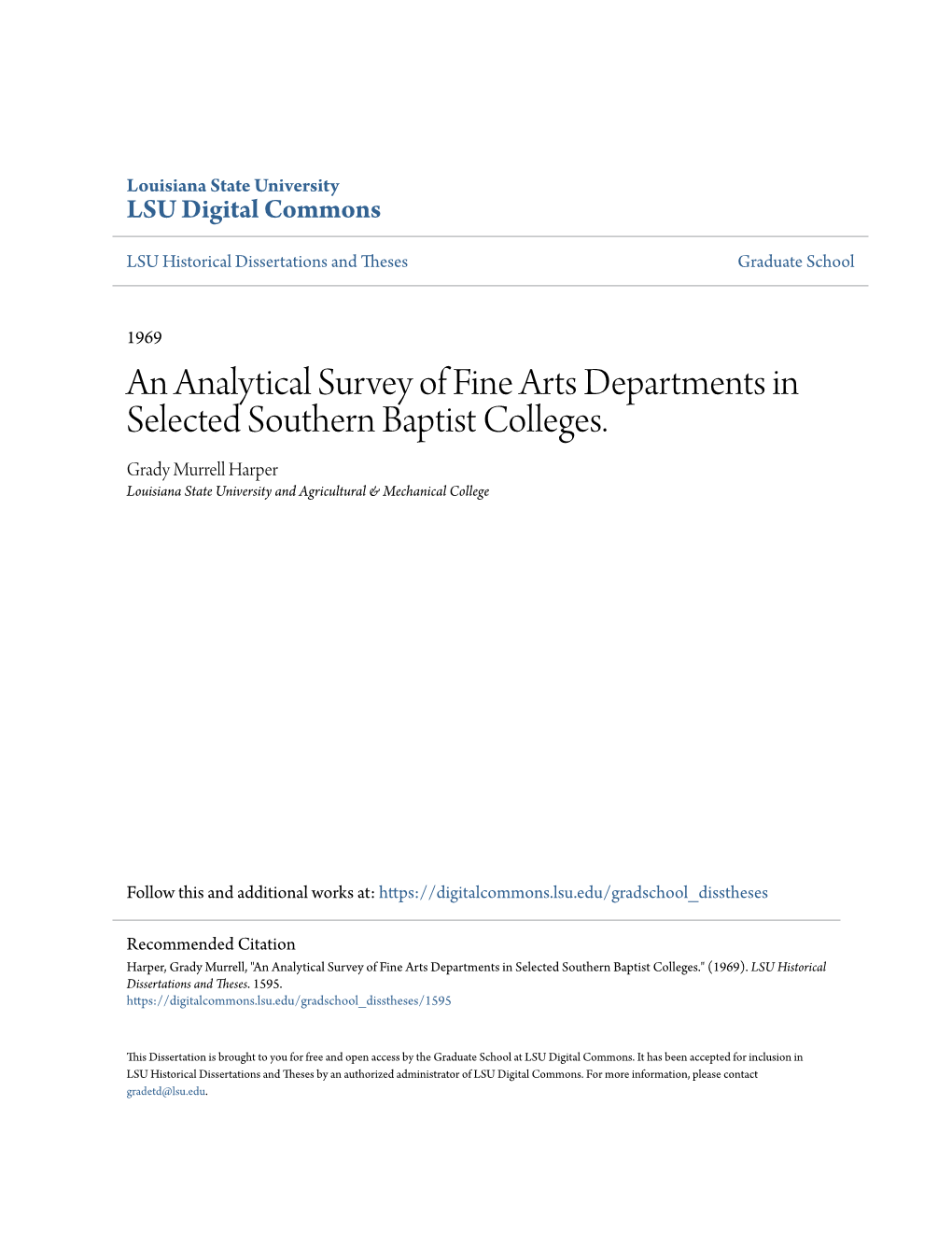An Analytical Survey of Fine Arts Departments in Selected Southern Baptist Colleges