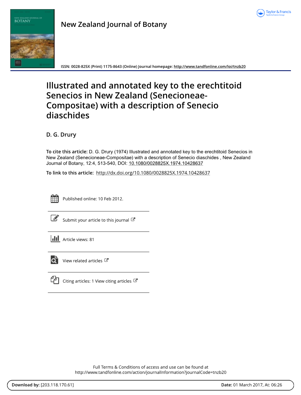 Illustrated and Annotated Key to the Erechtitoid Senecios in New Zealand (Senecioneae- Compositae) with a Description of Senecio Diaschides