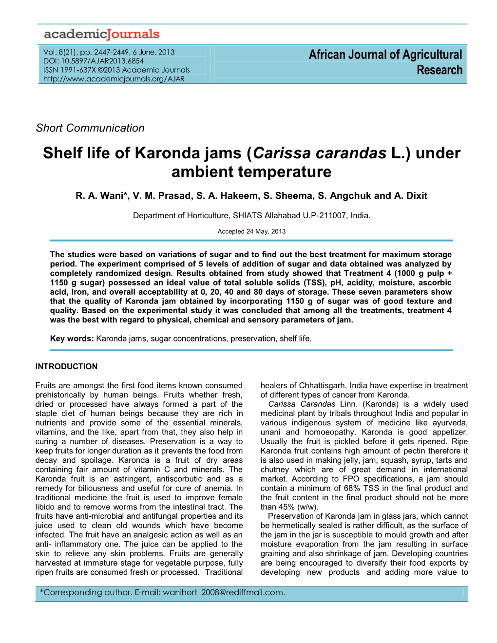 Shelf Life of Karonda Jams (Carissa Carandas L.) Under Ambient Temperature