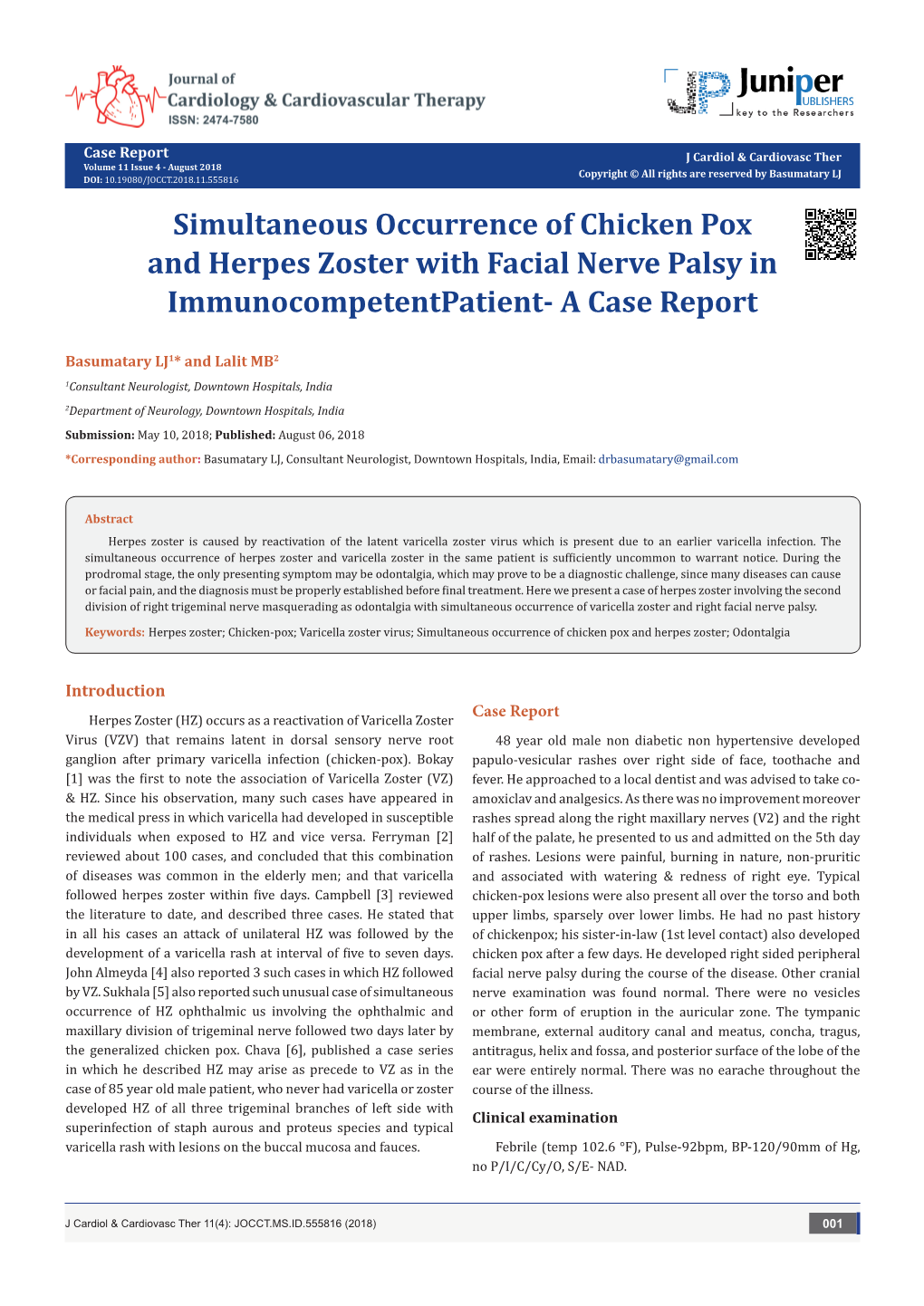 Simultaneous Occurrence of Chicken Pox and Herpes Zoster with Facial Nerve Palsy in Immunocompetentpatient- a Case Report