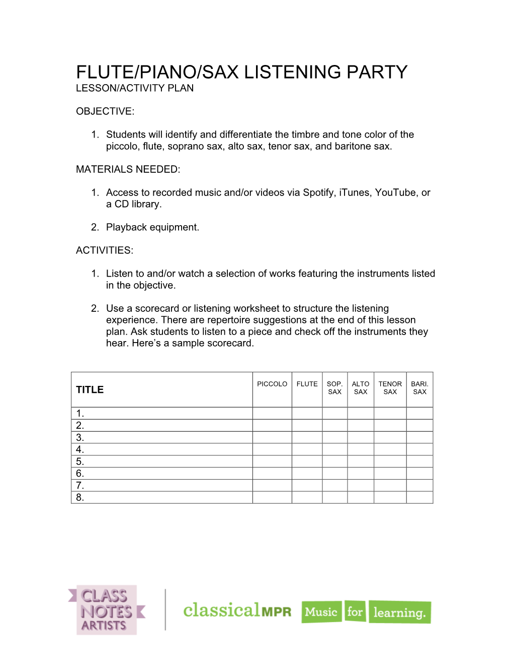 Flute/Piano/Sax Listening Party Lesson/Activity Plan