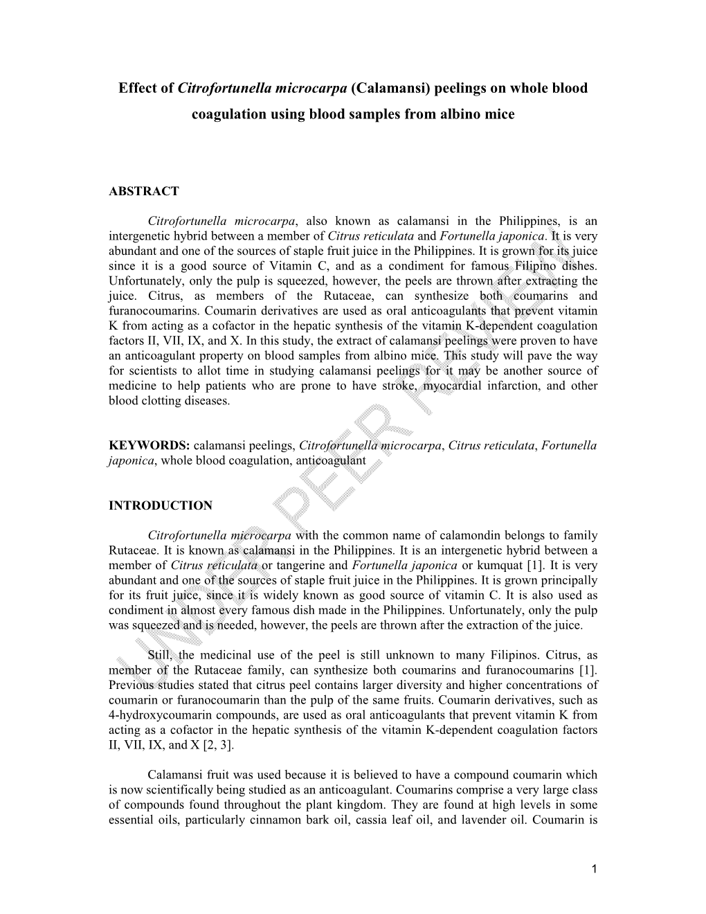 Effect of Citrofortunella Microcarpa (Calamansi) Peelings on Whole Blood Coagulation Using Blood Samples from Albino Mice