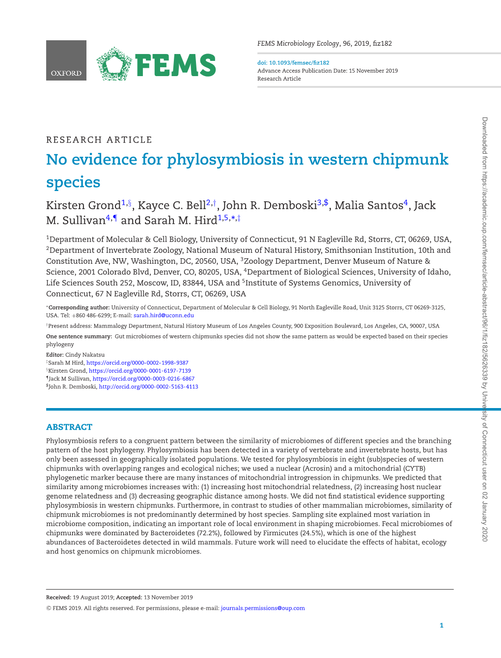 No Evidence for Phylosymbiosis in Western Chipmunk Species Kirsten Grond1,§,Kaycec.Bell2,†,Johnr.Demboski3,$, Malia Santos4,Jack M