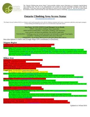 Ontario Climbing Area Access Status” Listing Provides Climber Access Information on Commonly Inquired-About Rock Climbing Areas