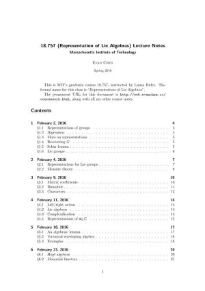 Representation of Lie Algebras) Lecture Notes Massachusetts Institute of Technology