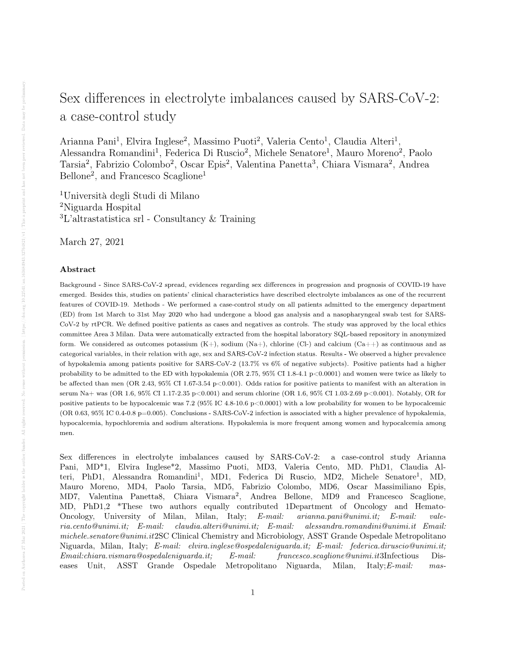 Sex Differences in Electrolyte Imbalances Caused by SARS-Cov-2