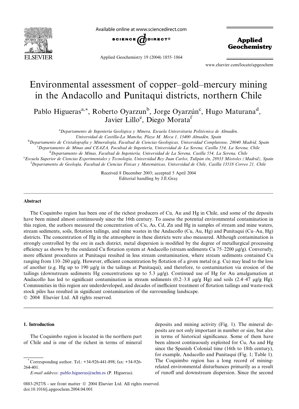 Environmental Assessment of Copper–Gold–Mercury Mining in the Andacollo and Punitaqui Districts, Northern Chile