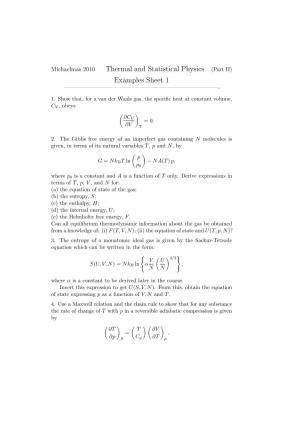 Thermal and Statistical Physics (Part II) Examples Sheet 1 ————————————————————————————