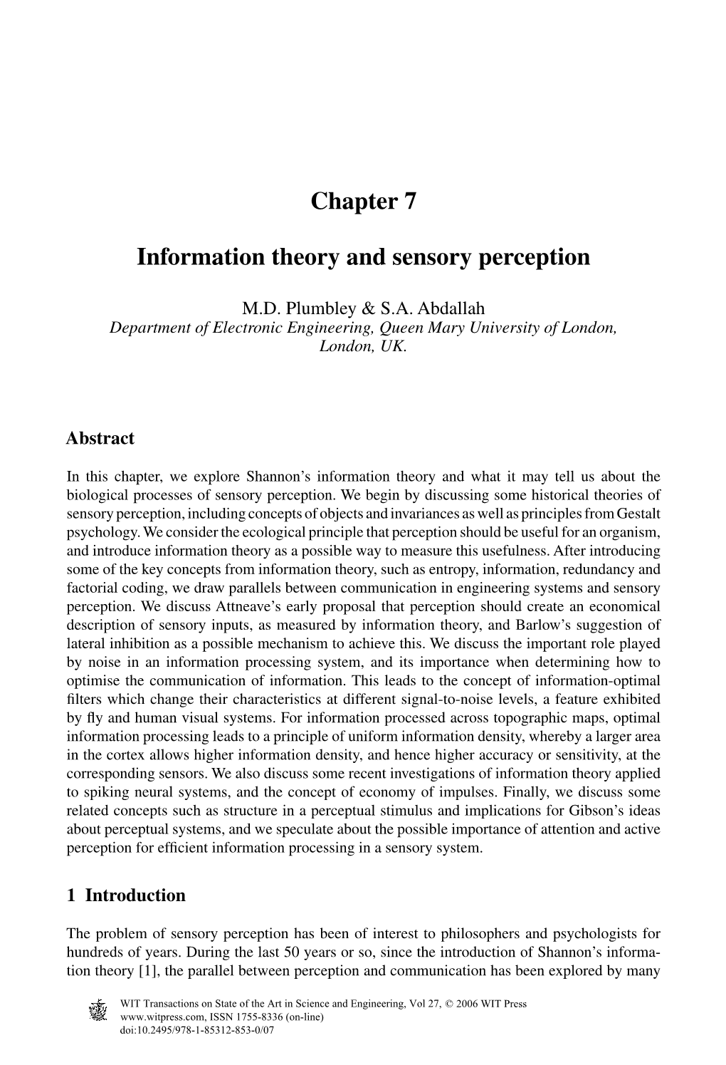 Chapter 7 Information Theory and Sensory Perception