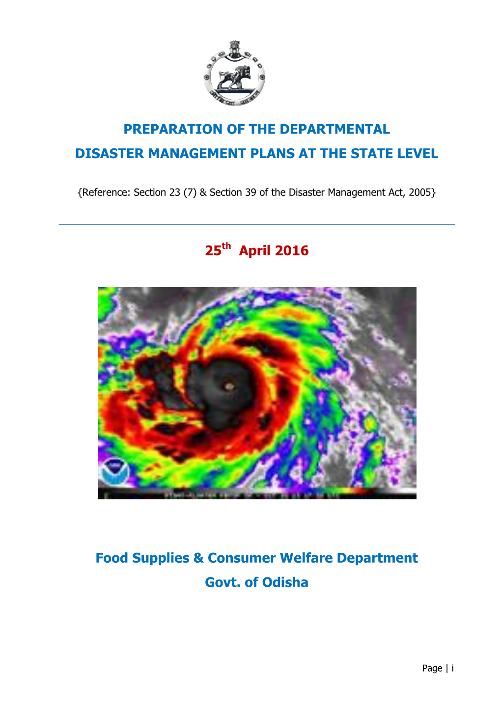 Preparation of the Departmental Disaster Management Plans at the State Level