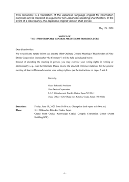 Notice of the 155Th Ordinary General Meeting of Shareholders