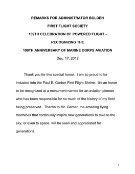 Remarks for Administrator Bolden First Flight