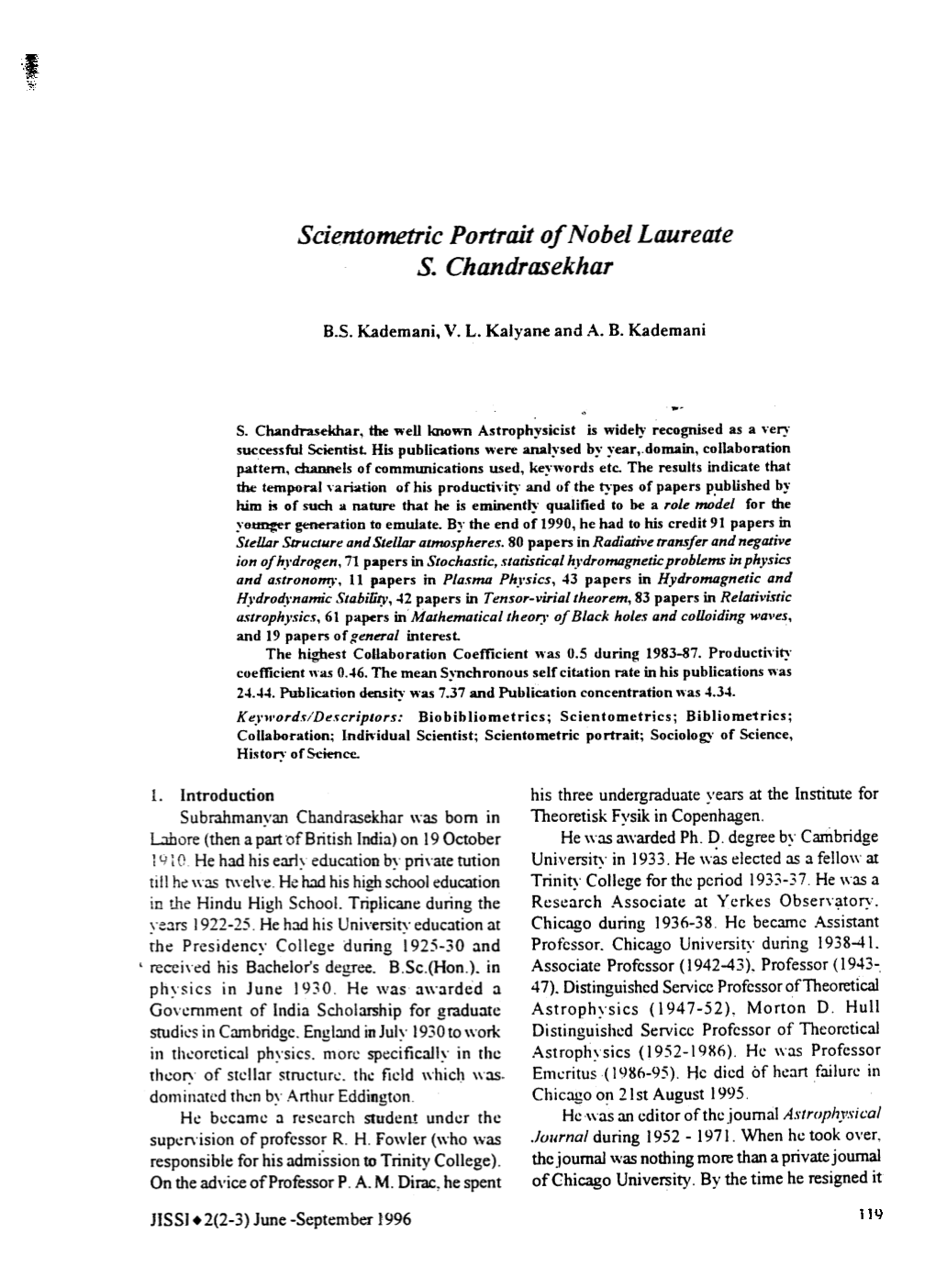 Scientometric Portrait of Nobel Laureate S. Chandrasekhar