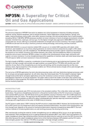 MP35N: a Superalloy for Critical Oil and Gas Applications AUTHOR: THOMAS C