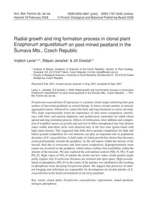 Radial Growth and Ring Formation Process in Clonal Plant Eriophorum Angustifolium on Post-Mined Peatland in the Šumava Mts., Czech Republic