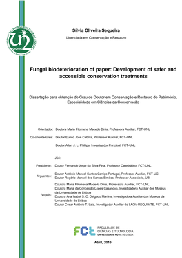 Fungal Biodeterioration of Paper: Development of Safer and [Nome Completo Do Autor]Accessible Conservation Treatments [Habilitações Académicas]