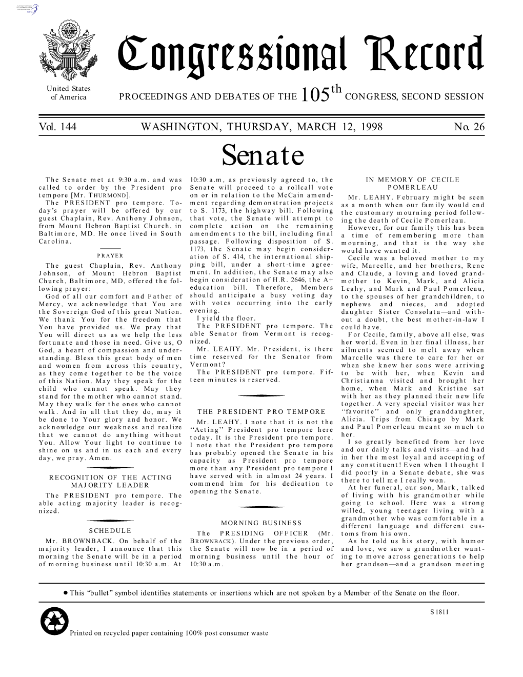 Congressional Record United States Th of America PROCEEDINGS and DEBATES of the 105 CONGRESS, SECOND SESSION