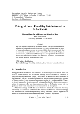 Entropy of Lomax Probability Distribution and Its Order Statistic