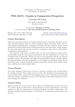 POL 224Y1: Canada in Comparative Perspective Course Outline Fall 2016 & Winter 2017 (Section L5101)
