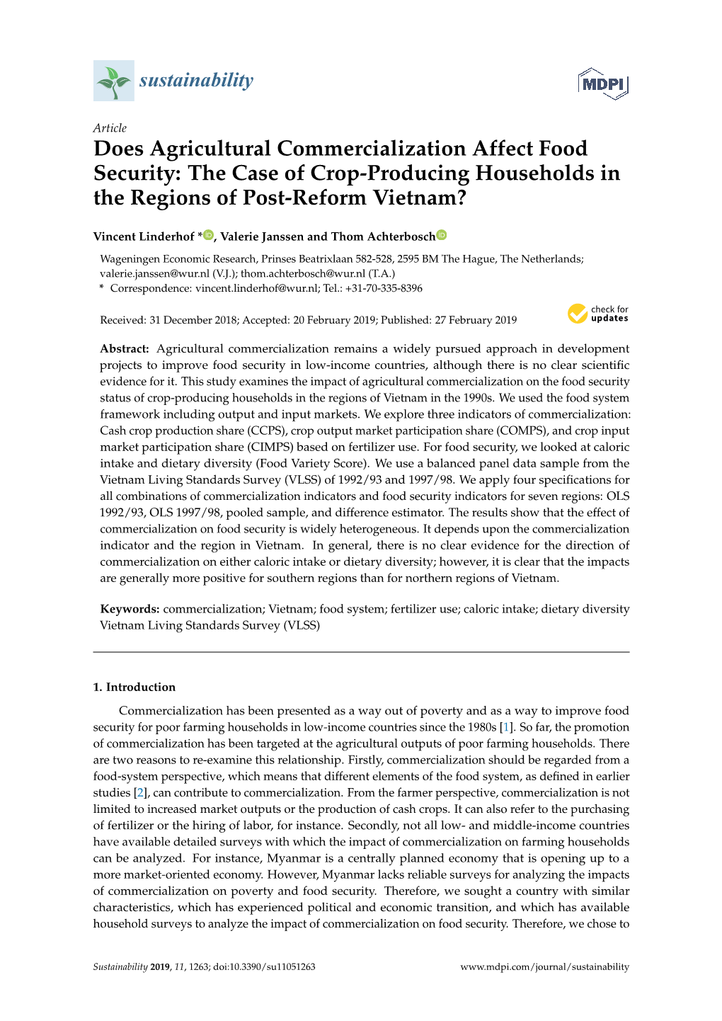 Does Agricultural Commercialization Affect Food Security: the Case of Crop-Producing Households in the Regions of Post-Reform Vietnam?