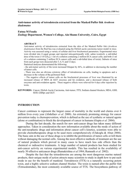 Anti-Tumor Activity of Tetrodotoxin Extracted from the Masked Puffer Fish Arothron Diadematus Fatma M Fouda Zoology Department