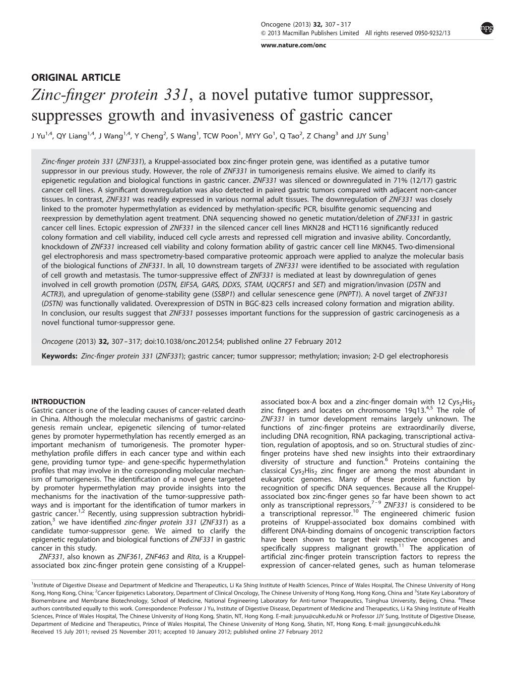 Zinc-Finger Protein 331, a Novel Putative Tumor Suppressor