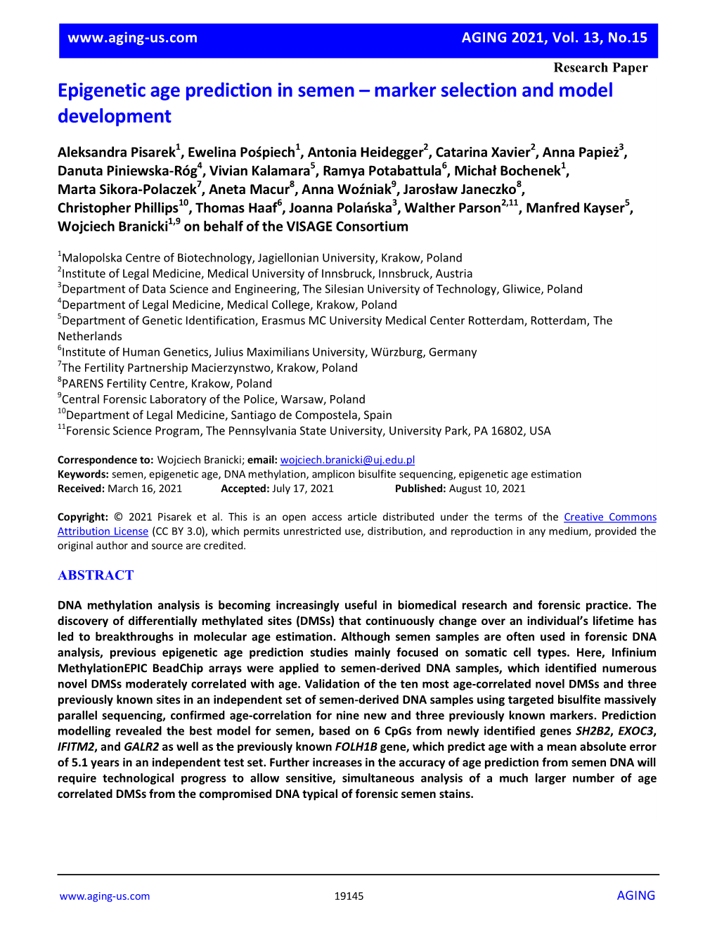 Epigenetic Age Prediction in Semen – Marker Selection and Model Development