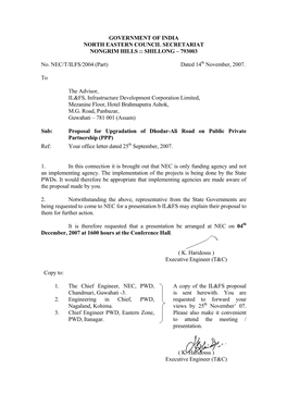 Proposal for Upgradation of Dhodar-Ali Road on Public Private Partnership (PPP) Ref: Your Office Letter Dated 25Th September, 2007