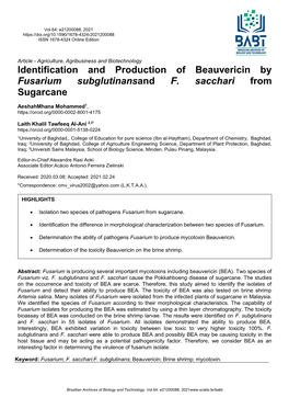 Identification and Production of Beauvericin by Fusarium Subglutinansand F