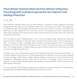 Prime Minister Narendra Modi and Prime Minister of Mauritius Pravind Jugnauth to Jointly Inaugurate the New Supreme Court Buildi…
