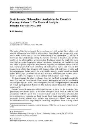 Scott Soames, Philosophical Analysis in the Twentieth Century: Volume 1: the Dawn of Analysis Princeton University Press, 2003