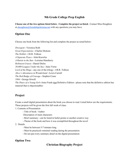 9Th Grade College Prep English Option One Project Option Two Christian Biography Project